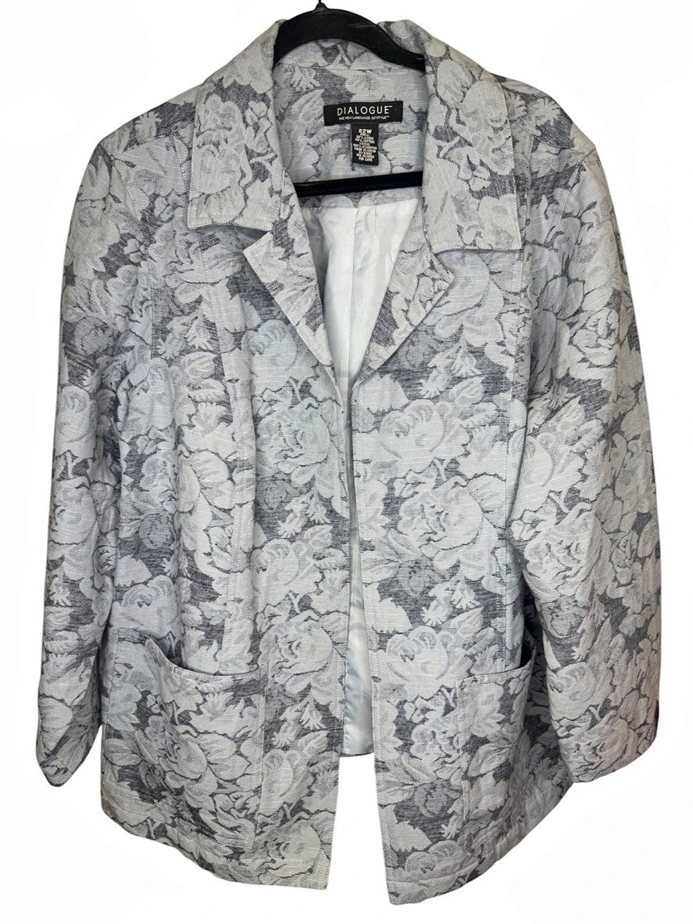 Dialogue Floral Jacquard Open Front Blazer Jacket Gray White Plus Size 22W